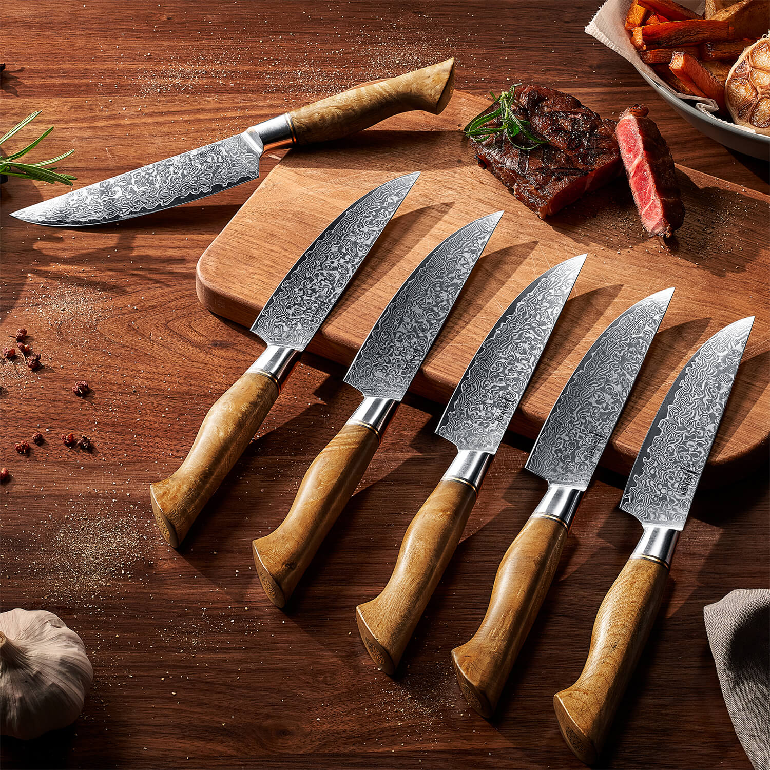 Dynasty Steak Knife Set — Japanese VG10 Damascus Steel with Sycamore W