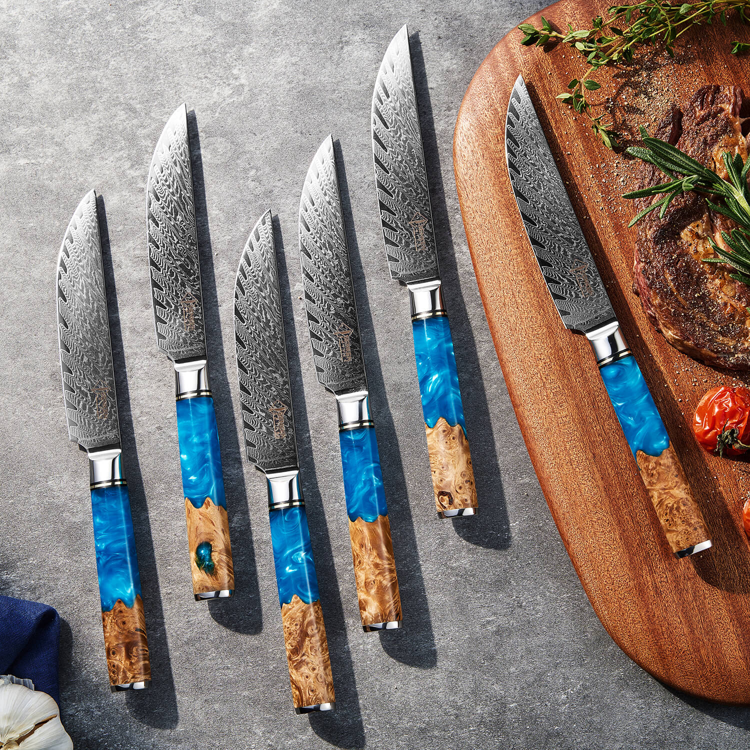 Tsunami 15-Piece Japanese VG10 Damascus Knife Block Set — with Blue Resin Burl Wood Handles