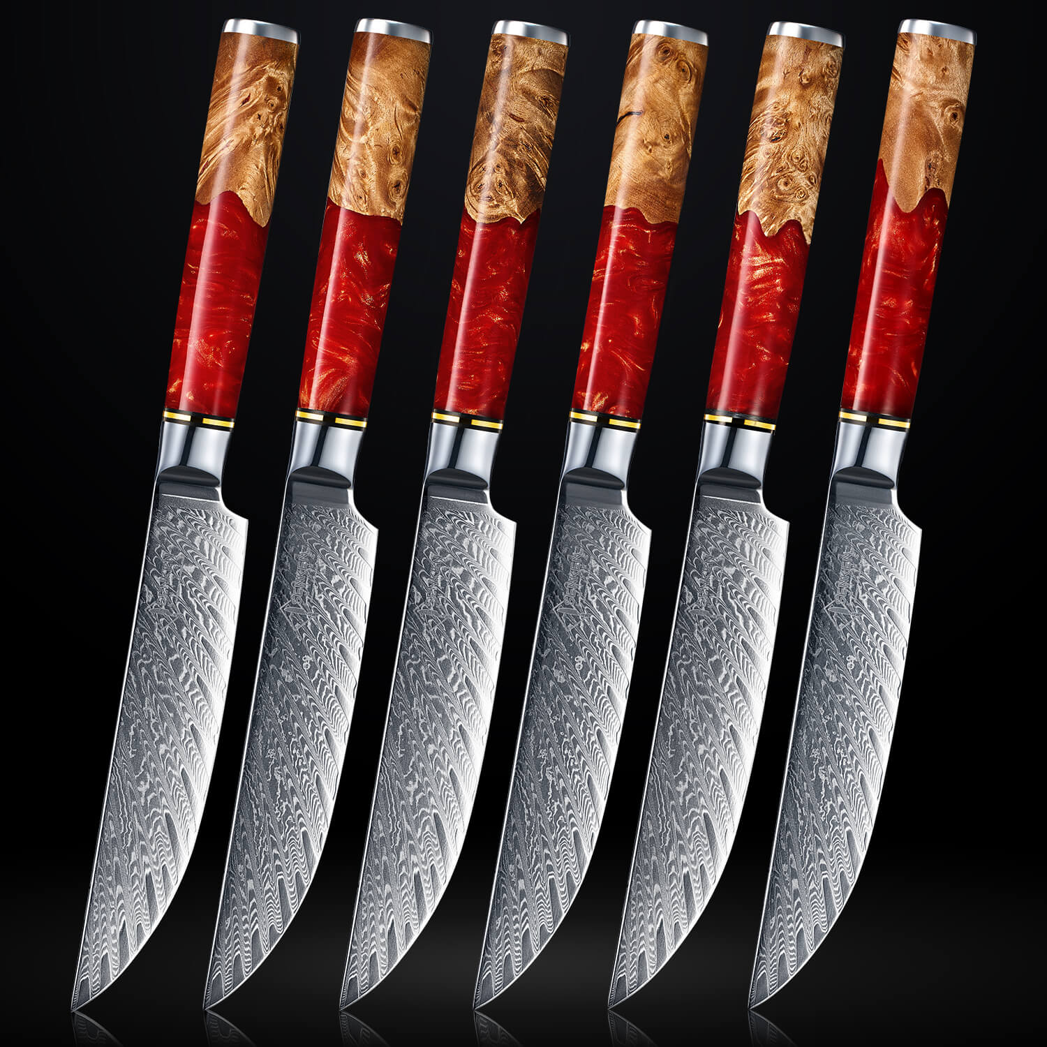 Tsunami Steak Knife Set — Japanese VG10 Damascus Steel with Blue Resin Burl Wood Handles