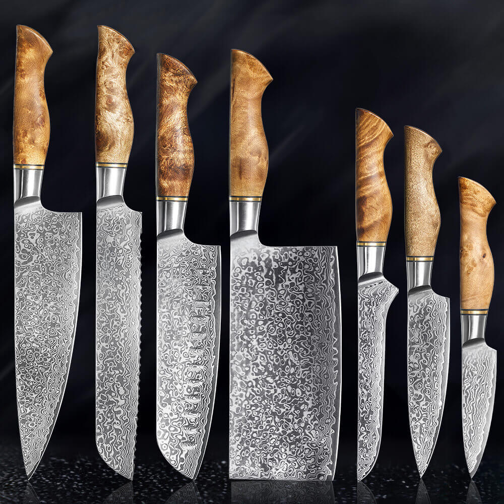 Senken Knives Dynasty 7-Piece Damascus Kitchen Knife Set with Sycamore Wood Handles Japanese VG10 Steel