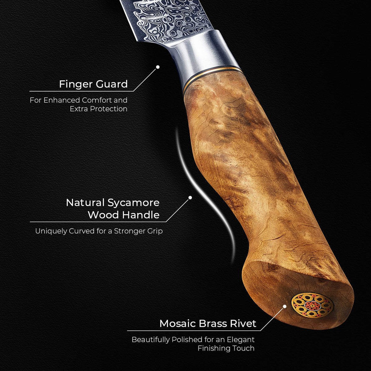Wooden-handled knife with finger guard and mosaic brass rivet on a black background