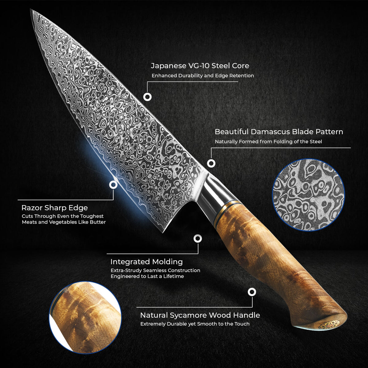 Chef's knife with Damascus blade pattern on a black background