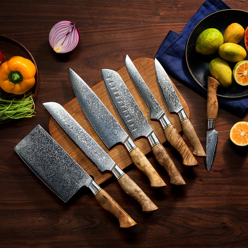 7 Knives on Kitchen Setting Damascus Steel with Wood Handle