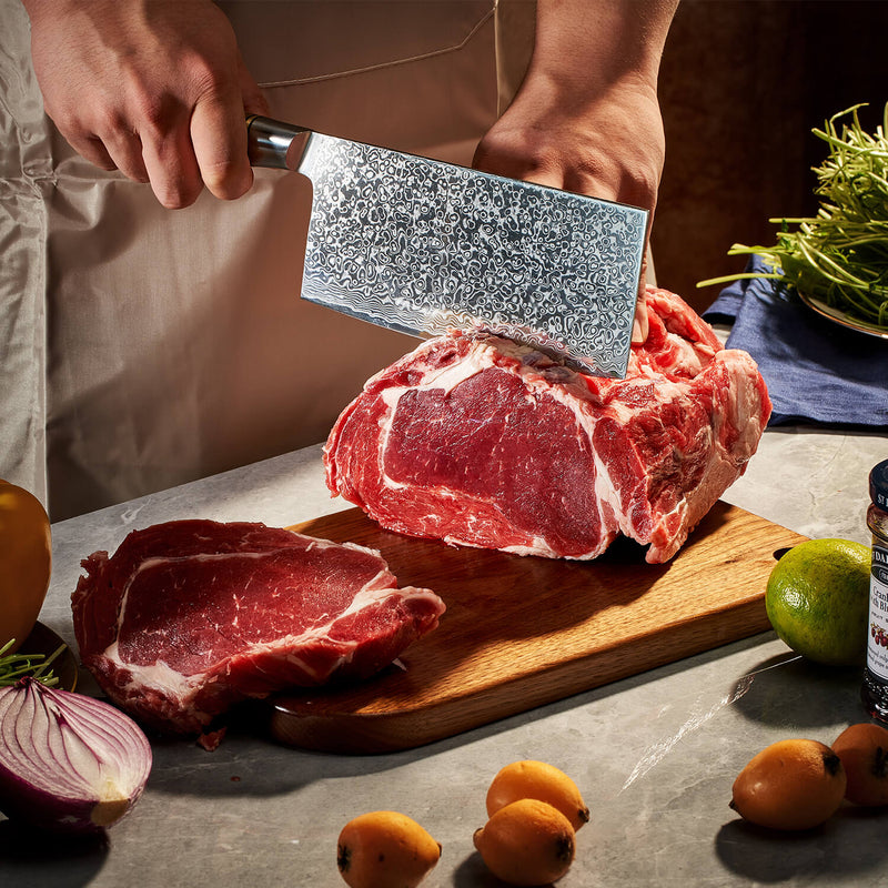 Extra Large Cleaver Cutting Slice of Meat Damascus Steel Blade Senken Knives