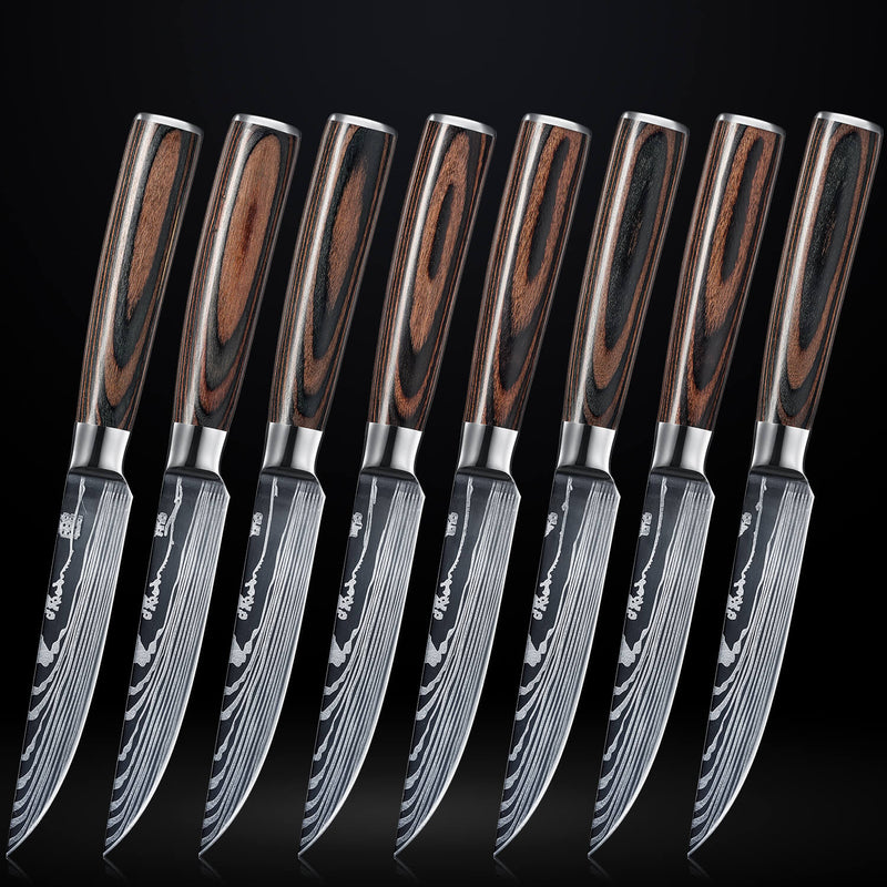 8-Piece Imperial Steak Knife Set Wood Handle Brown Senken Knives Damascus Pattern