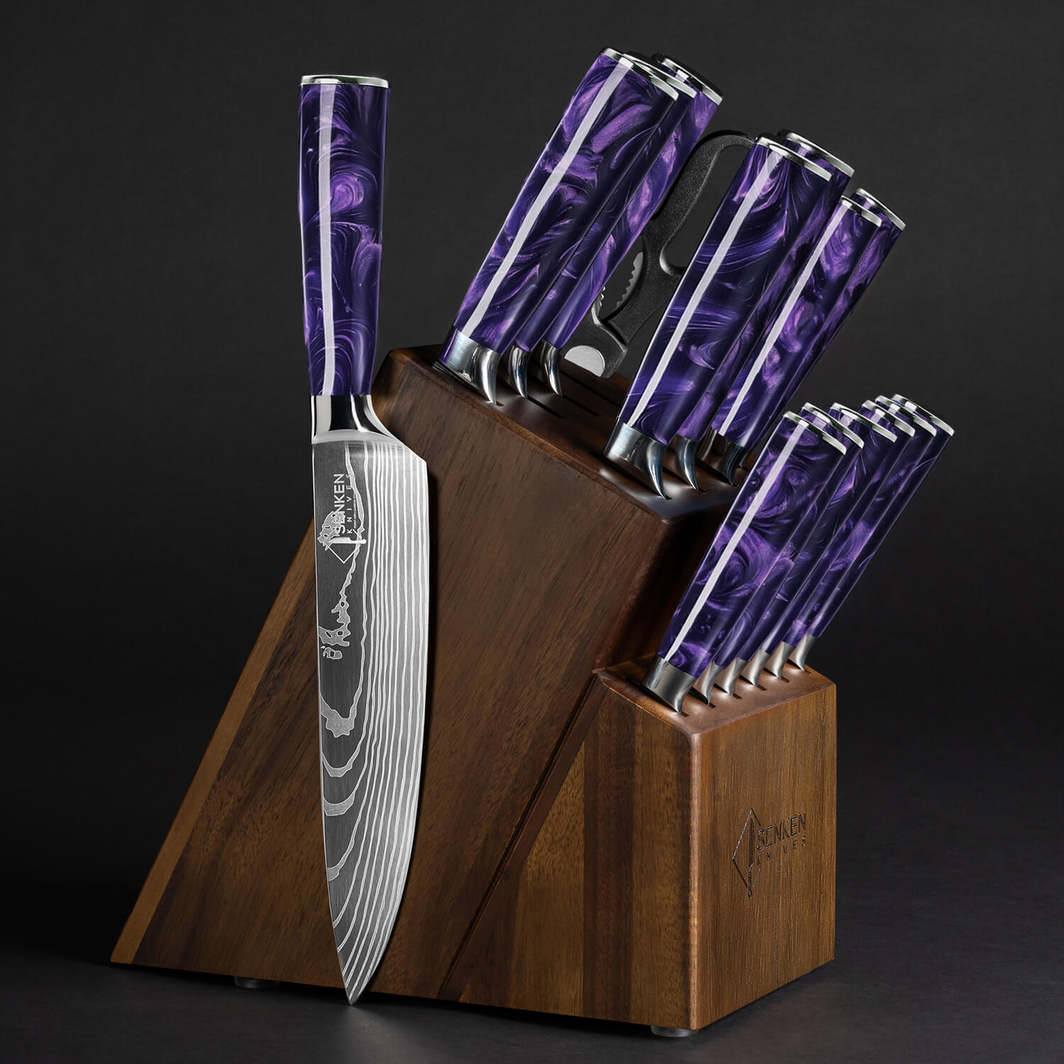 Purple Knife Block Set Amethyst Collection Senken Knives Damascus Pattern 16-Piece Set Dark BG