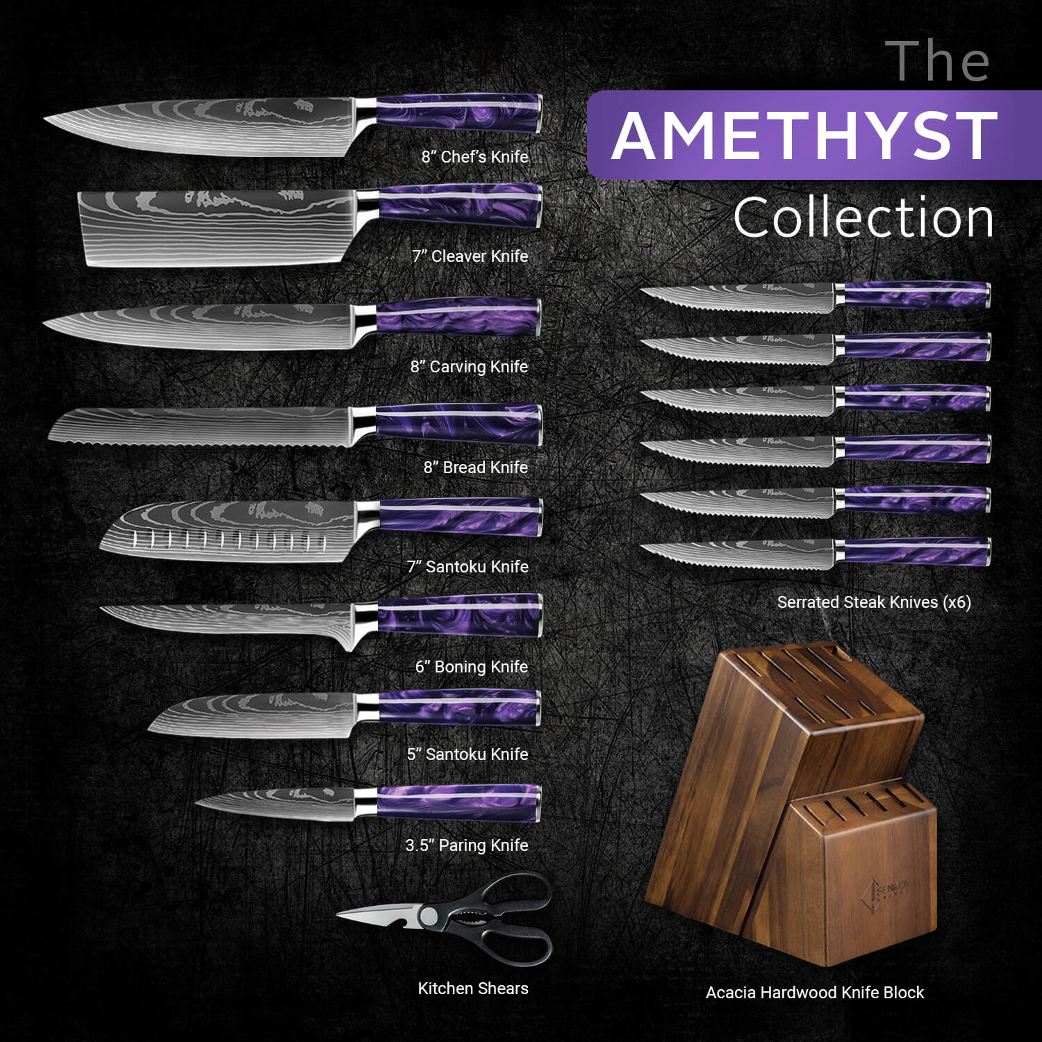 Amethyst 16-Piece Japanese Knife Block Set — High-Carbon Steel with Pu