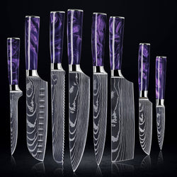 "Amethyst" Collection - Japanese Kitchen Knife Set with Purple Resin Handle & Damascus Blade Pattern