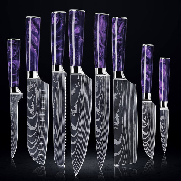 "Amethyst" Collection - Japanese Kitchen Knife Set with Purple Resin Handle & Damascus Blade Pattern