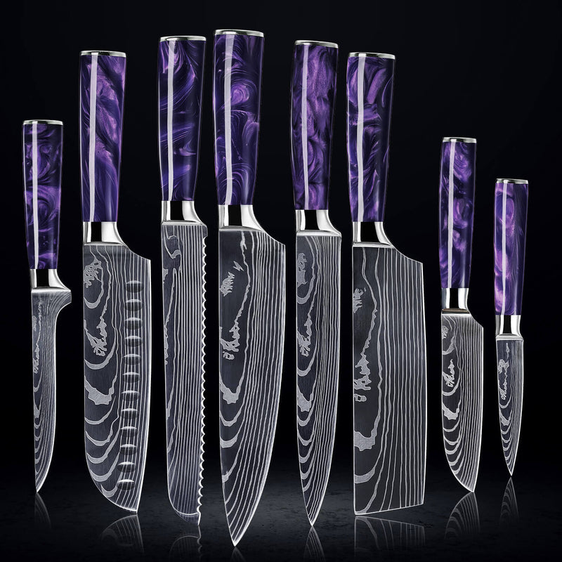 "Amethyst" Collection - Japanese Kitchen Knife Set with Purple Resin Handle & Damascus Blade Pattern