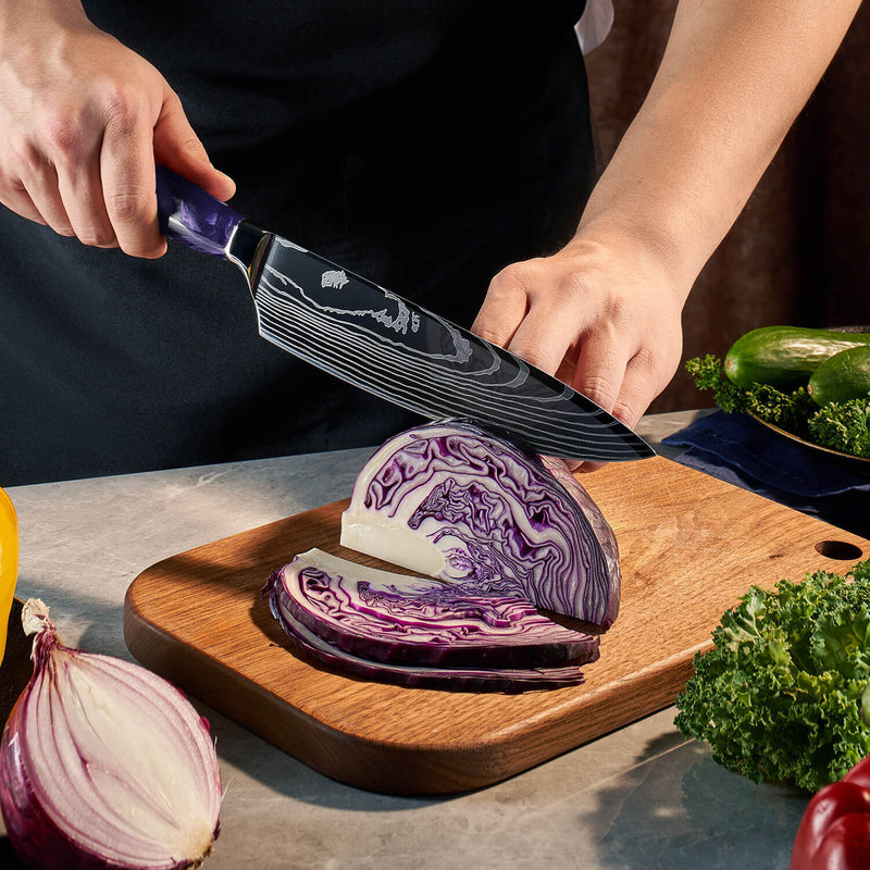 Purple Resin Handle Chef Knife Cutting Vegetables