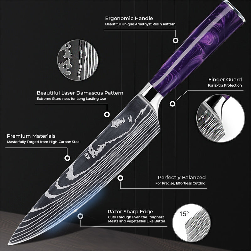 "Amethyst" Collection - Japanese Kitchen Knife Set with Purple Resin Handle & Damascus Blade Pattern