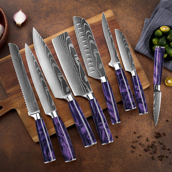 "Amethyst" Collection - Japanese Kitchen Knife Set with Purple Resin Handle & Damascus Blade Pattern