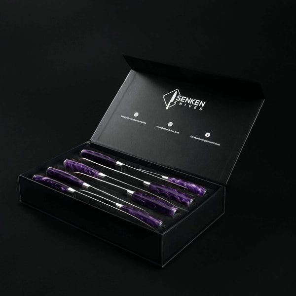 Purple Resin Handle Knife Set 8-Piece Damascus Pattern Gift Set