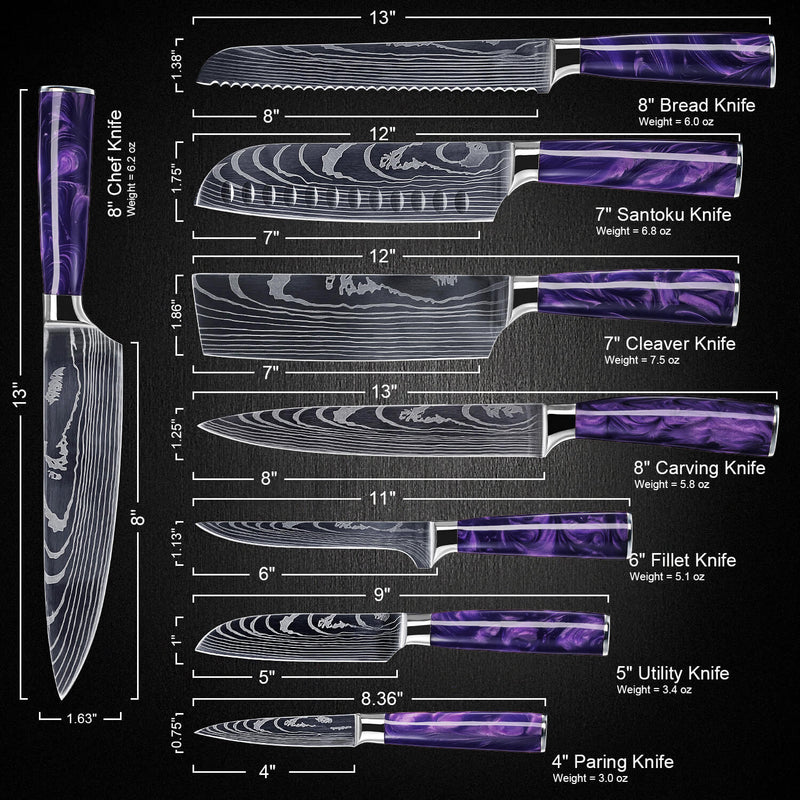 Purple Resin Handle Knife Set 8-Piece Damascus Pattern Gift Set Measurements