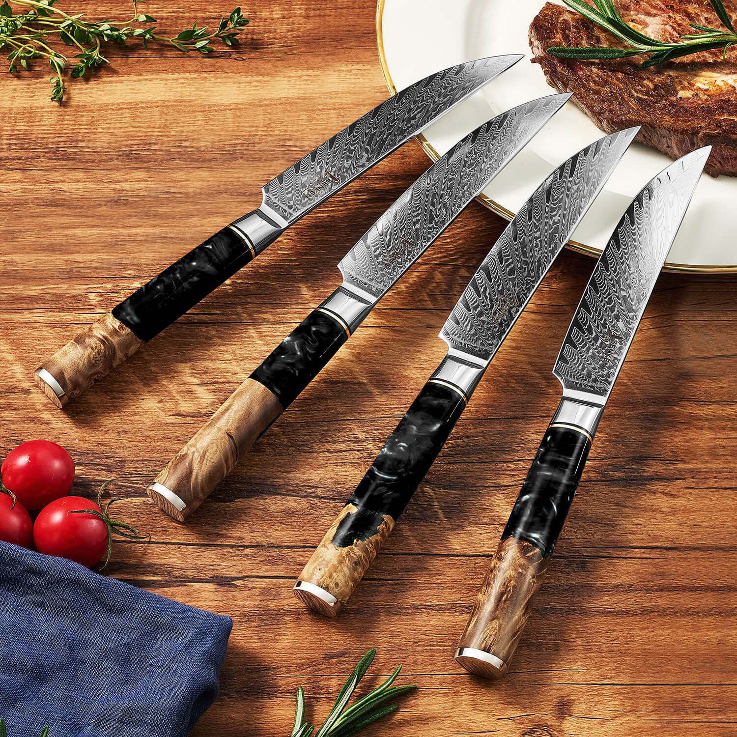 6-Piece Black Tsunami Steak Knife Set Damascus Steel Japanese VG10 Non-Serrated Senken Knives 4 Steak Knives on Table