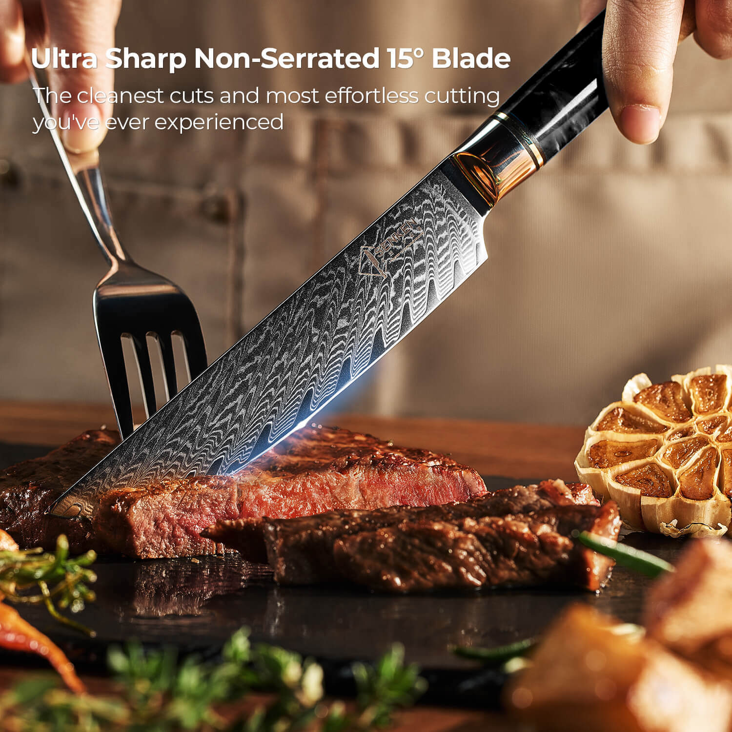 6-Piece Black Tsunami Steak Knife Set Damascus Steel Japanese VG10 Non-Serrated Senken Knives Ultra Sharp 15 Degree Blade