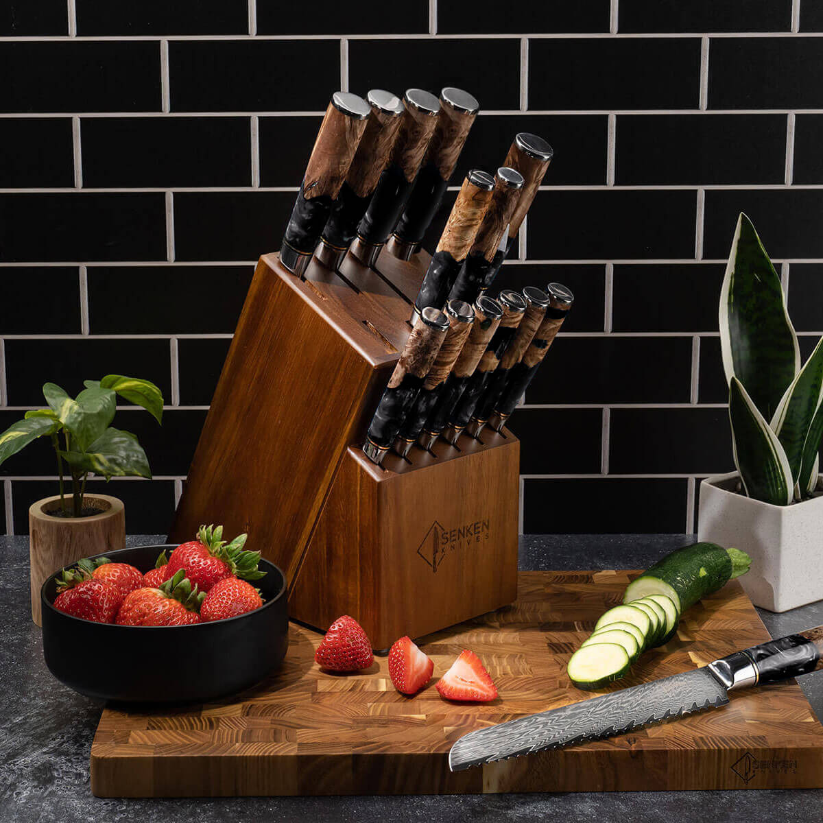 Black Tsunami Knife Block Set in Kitchen Setting