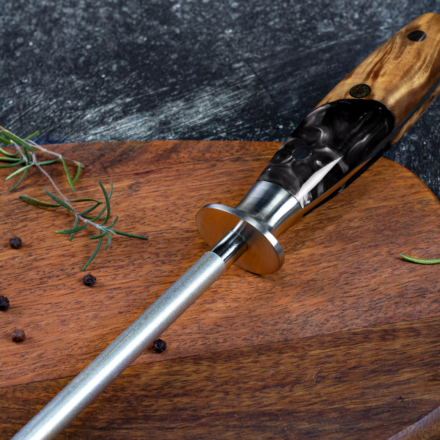 Black Resin Handle Sharpening Steel Closeup Emery Rod