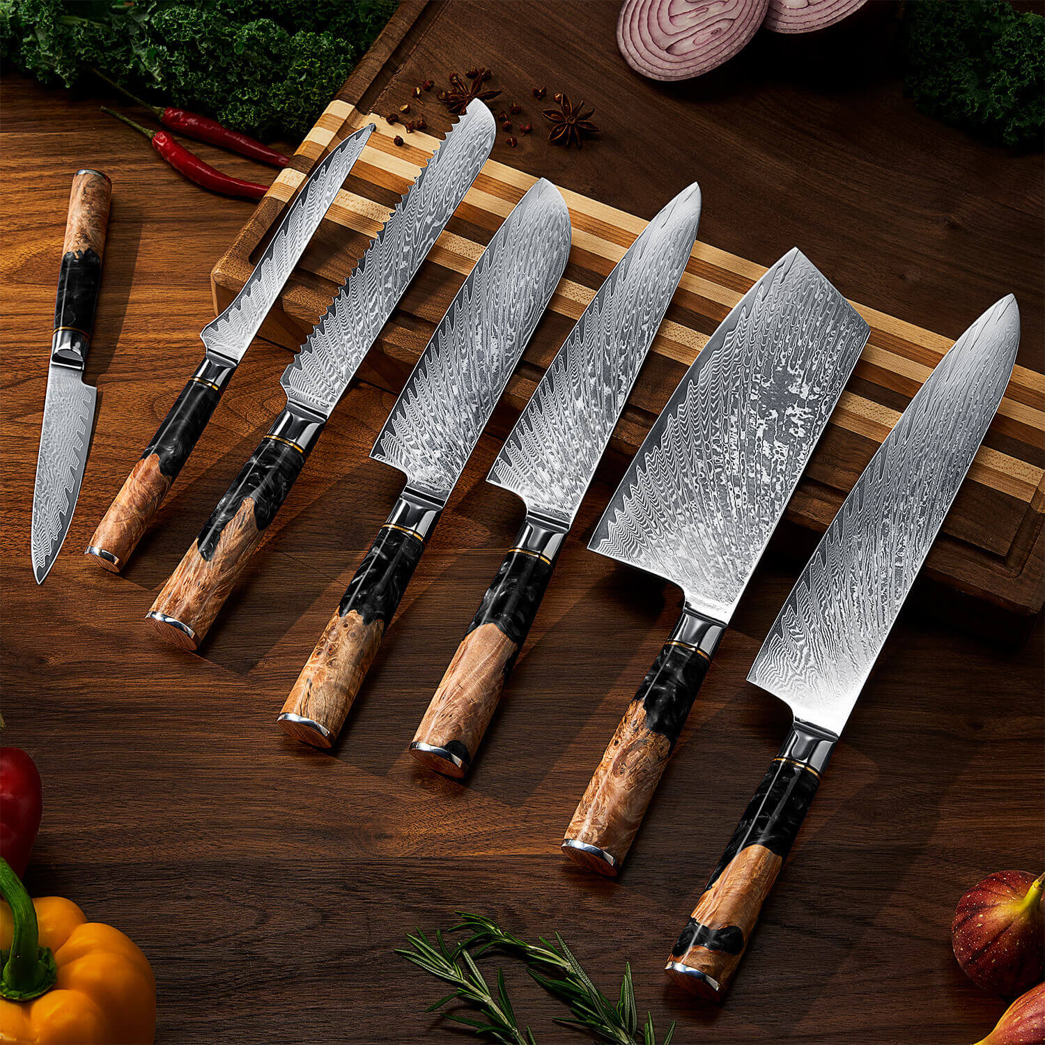 Senken Black Tsunami 7-Piece Japanese VG10 Damascus Knife Set with black resin burl wood handles displayed on a striped wood cutting board with fresh ingredients.