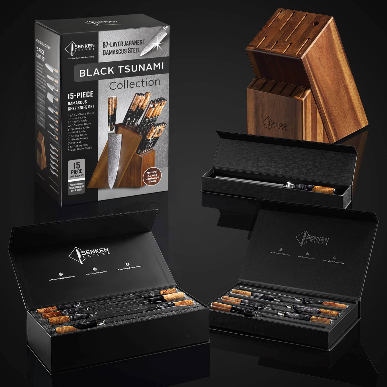 Black Tsunami 15-Piece Japanese VG10 Damascus Knife Block Set — with B