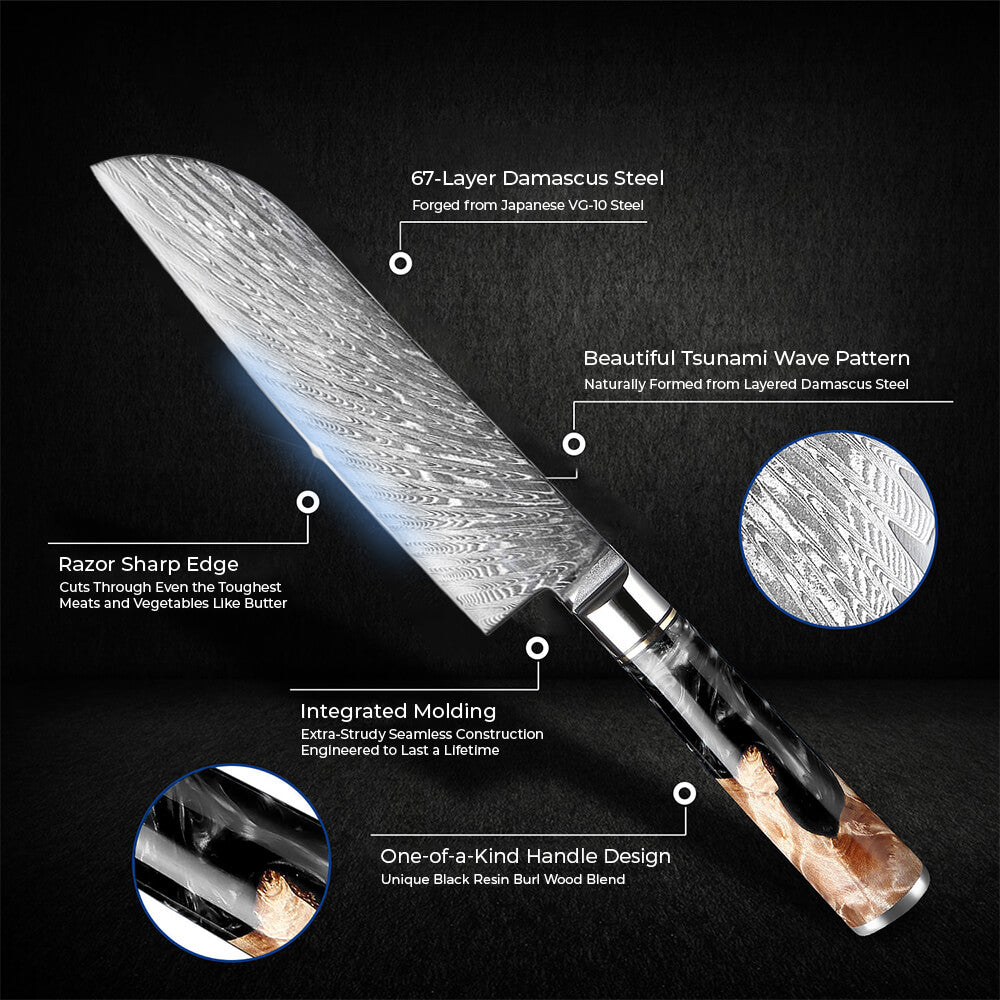 Detailed view of a Damascus steel kitchen knife with text highlighting features on a black background