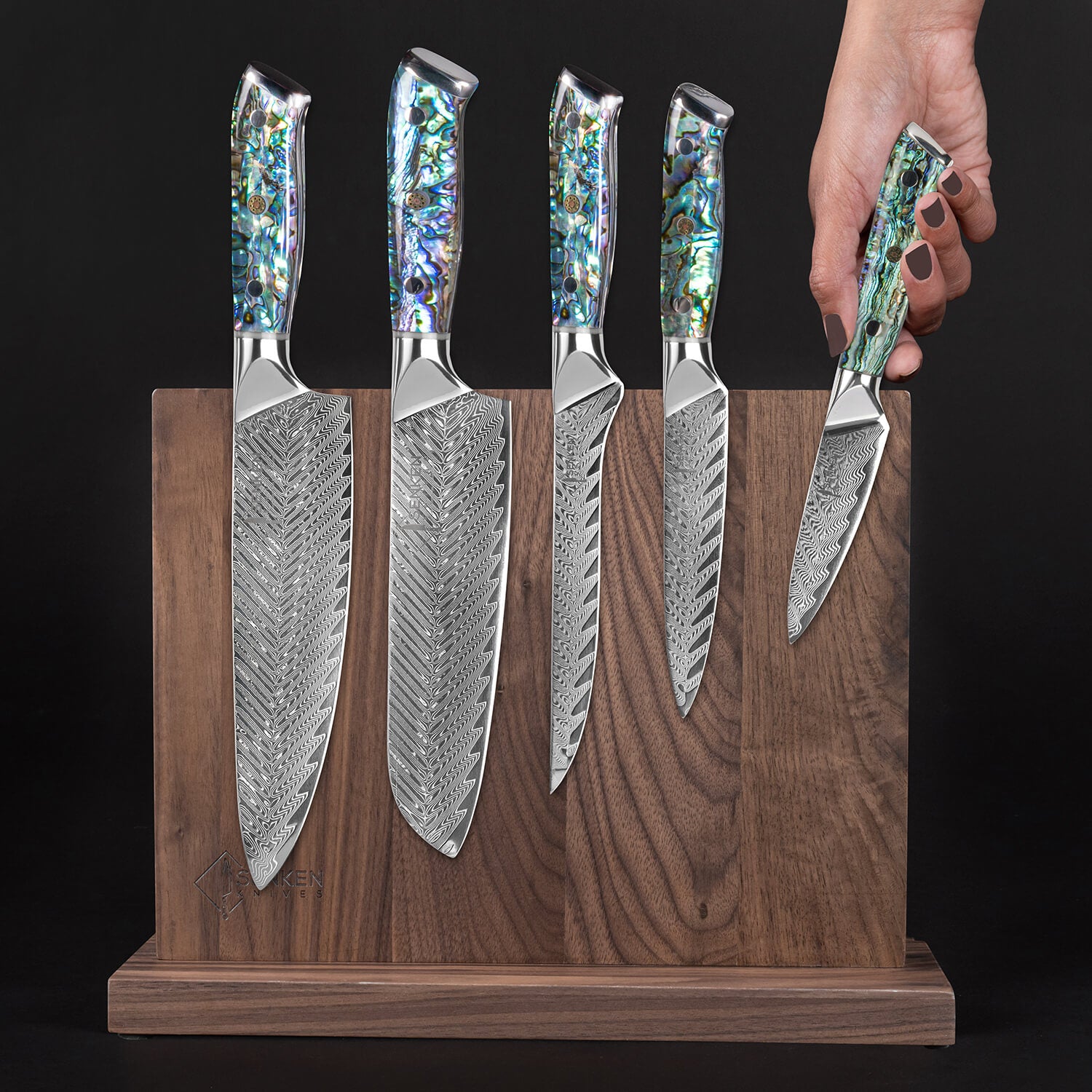 Umi 5 Pc Damascus Knife Set on Black Walnut Magnetic Knife Block
