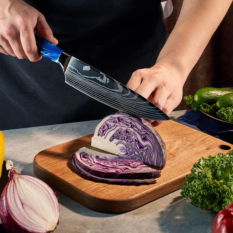 Blue Chef Knife Cutting Cabbage