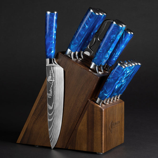 Cerulean Blue 16-Piece Japanese Knife Block Set with Damascus Pattern and Blue Resin Handles