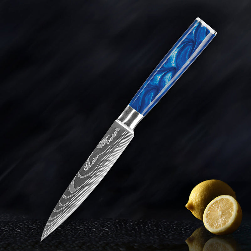 Cerulean Blue Resin Paring Knife by Senken Knives Main Image Dark Background