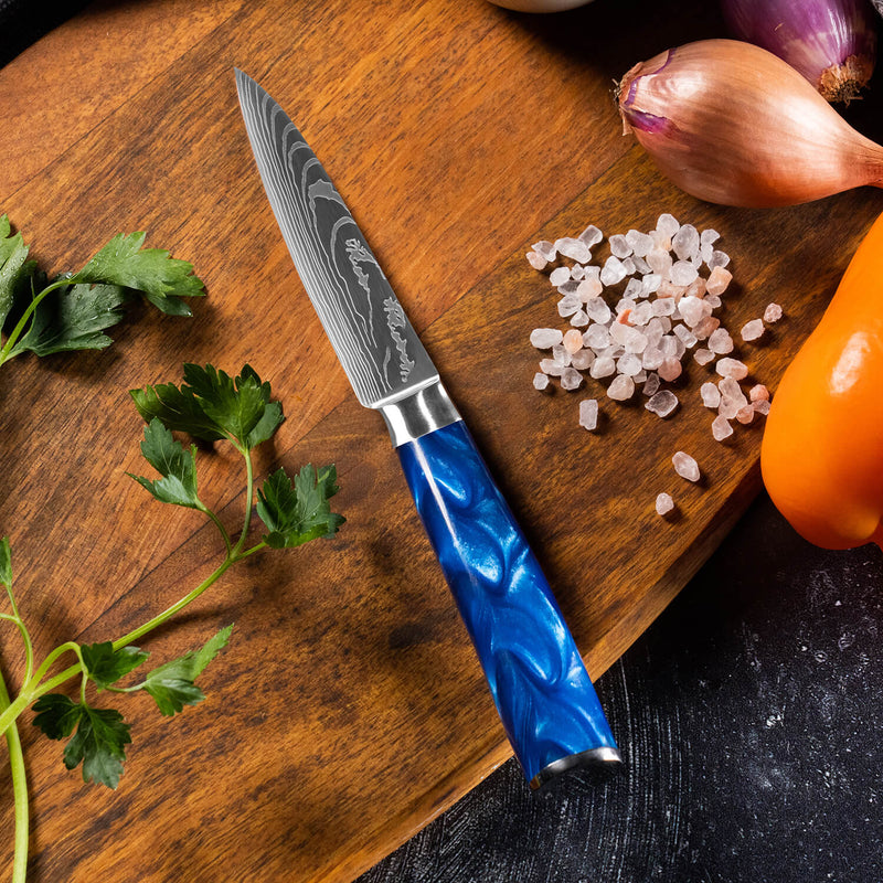 Cerulean Blue Resin Paring Knife by Senken Knives Kitchen Shot