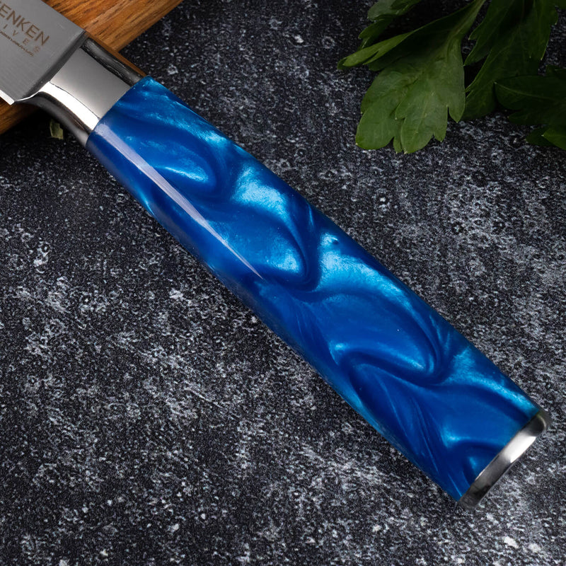 Cerulean Blue Resin Paring Knife by Senken Knives Handle Closeup