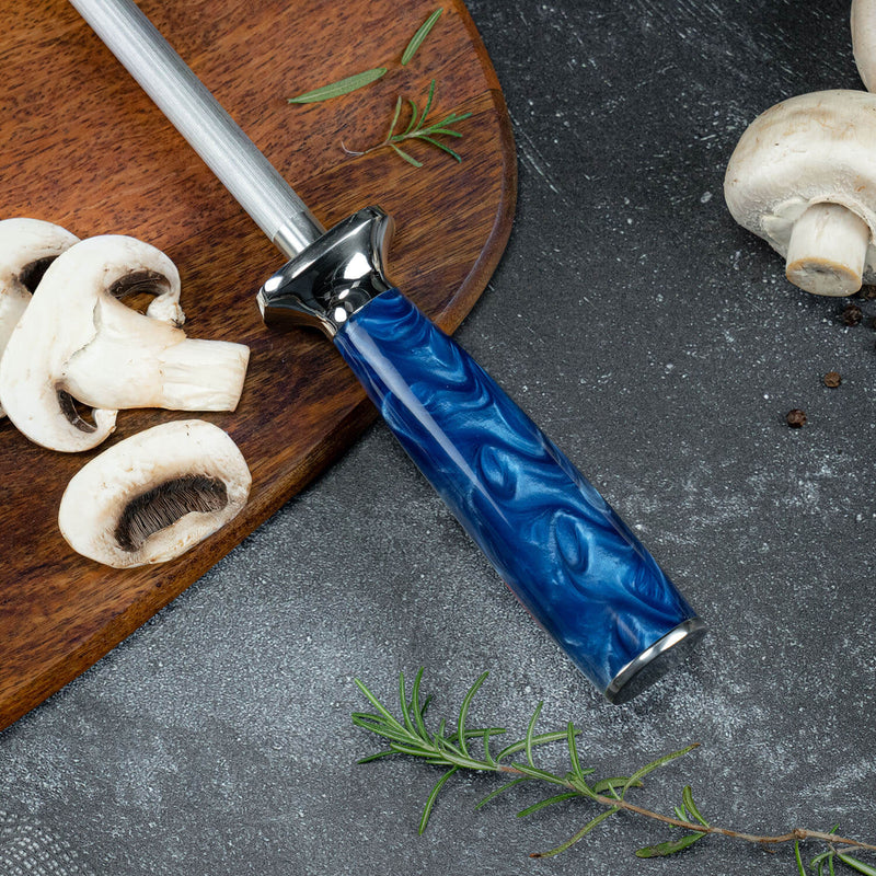 Cerulean Blue Resin Sharpening Rod High Carbon Steel Senken Knives Epoxy Handle Closeup