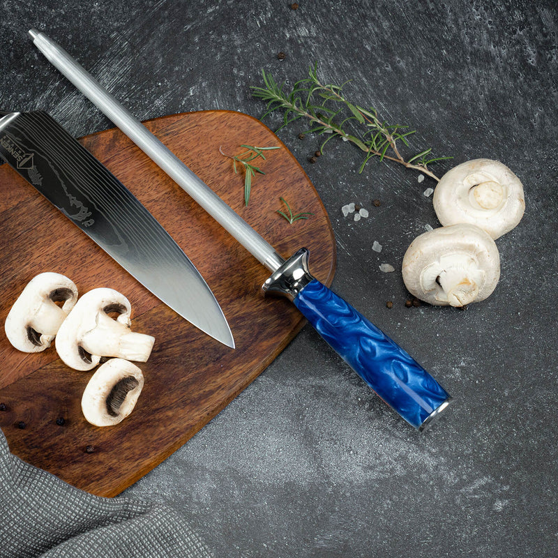 Cerulean Blue Resin Sharpening Rod High Carbon Steel Senken Knives Lifestyle Kitchen Shot