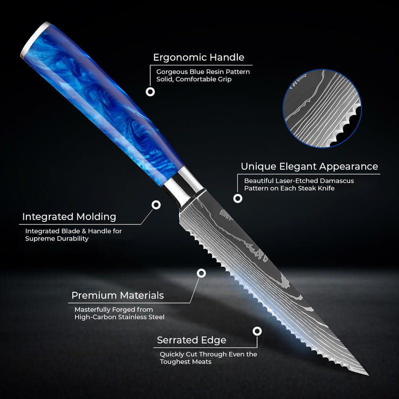 "Cerulean" Steak Knife Set - High Carbon Steel with Damascus Pattern