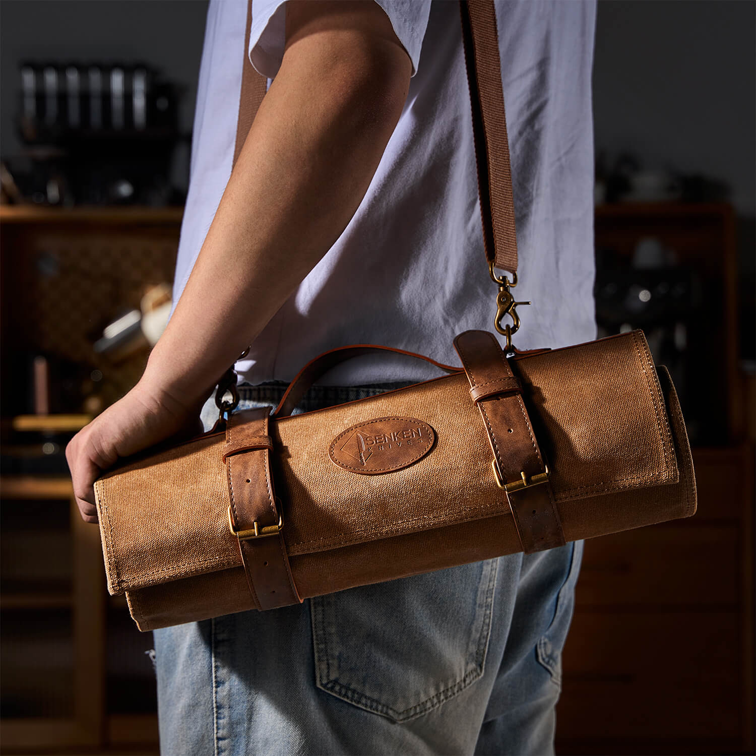 Senken Knives Chef Roll Bag on Shoulder of Man