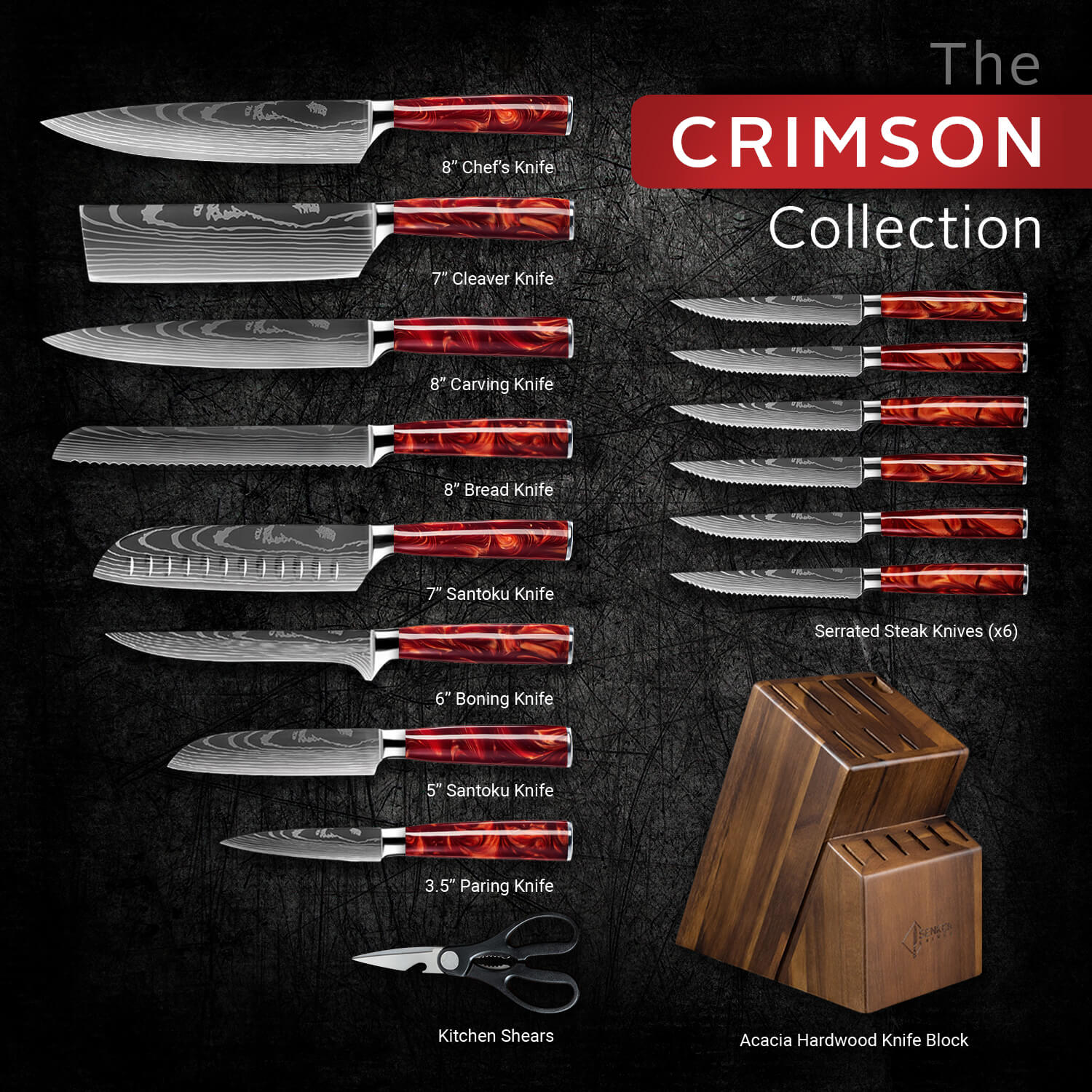 Crimson 16-Piece Japanese Knife Block Set — High-Carbon Steel with Red