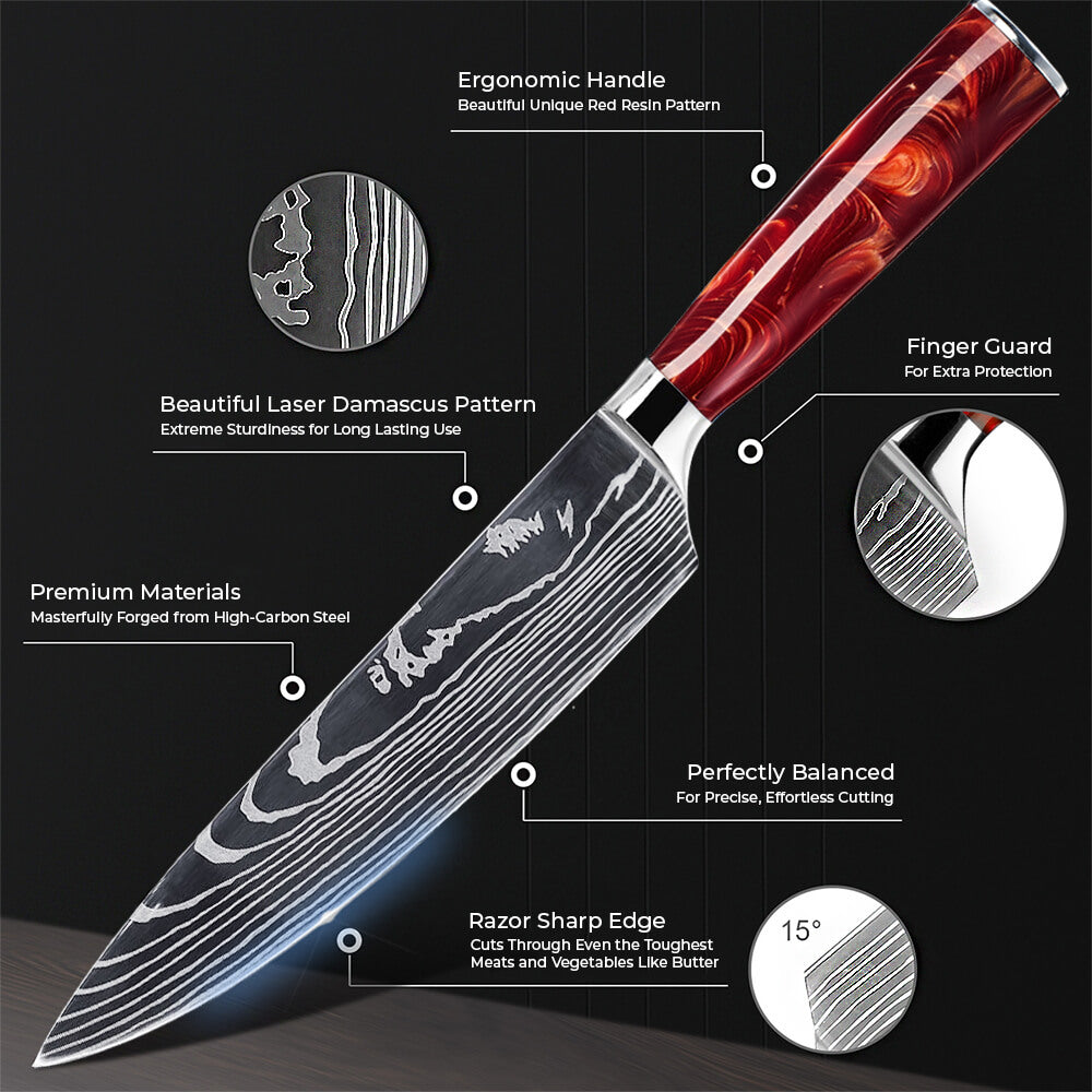 Crimson Red Resin Chef Knife Damacsus Pattern Infographic