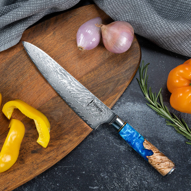 Tsunami Damascus Steel Chef Knife 8 Inch Japanese Steel Natural Wood Blue Resin Handle Cutting Tomatoes and Peppers