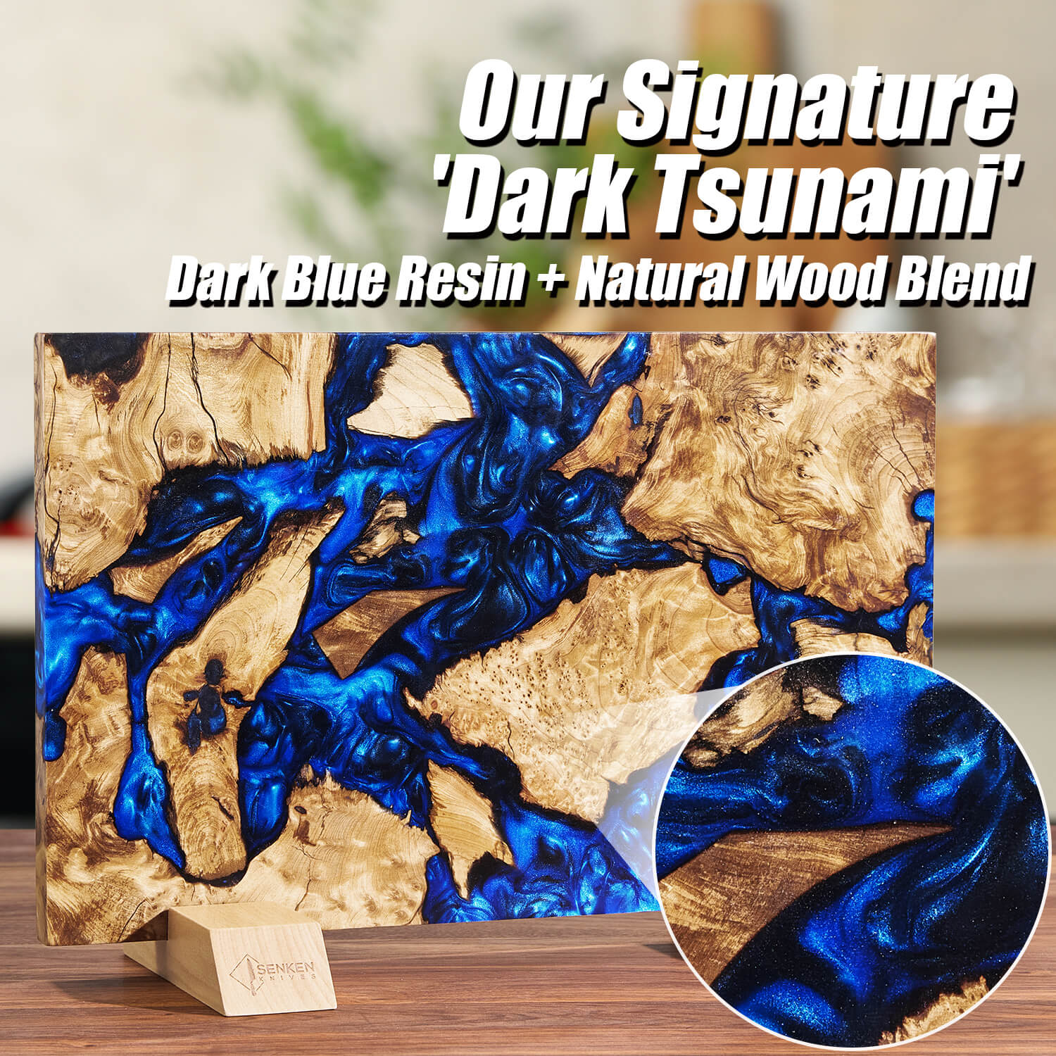 Blue resin and natural wood blend artwork with 'Tsunami' text