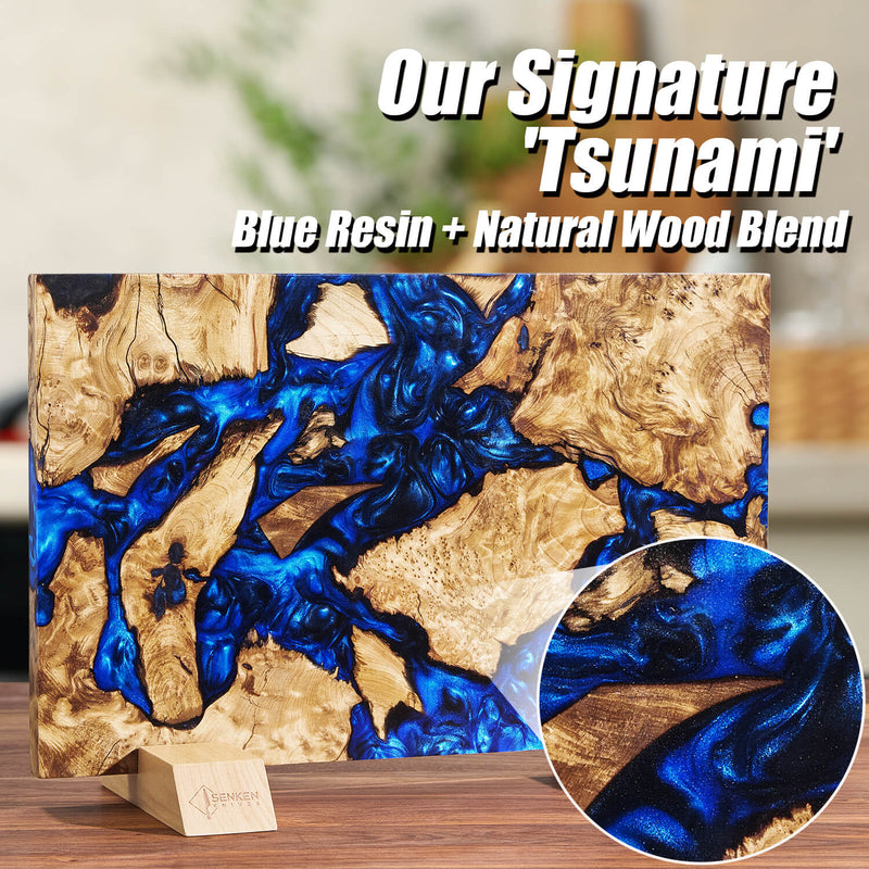 Blue resin and natural wood blend artwork with 'Tsunami' text