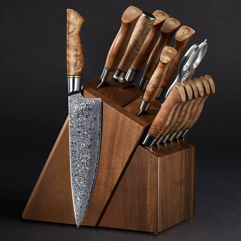 16-Piece Dynasty Knife Block Set Damascus Kitchen Knives with Acacia Knife Block Japanese VG10 Steel Core Sycamore Wood Handles