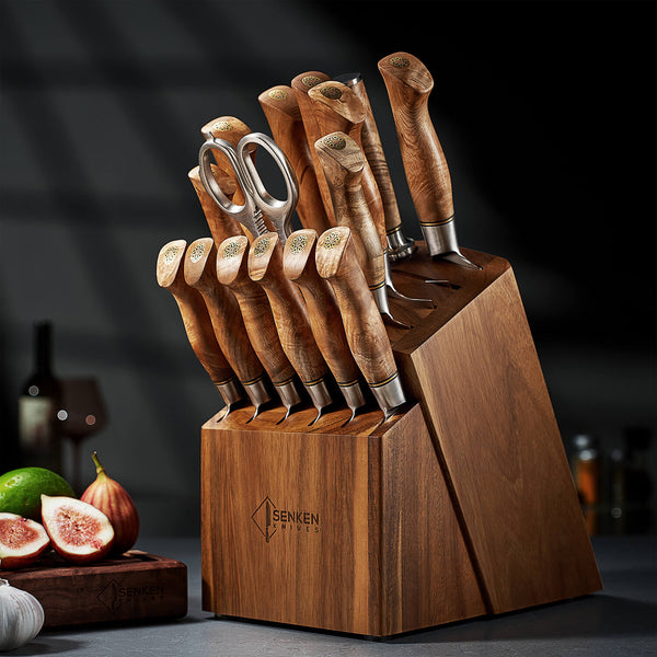 16-Piece Damascus Knife Block Set on Kitchen Counter Senken Knives Dynasty Collection