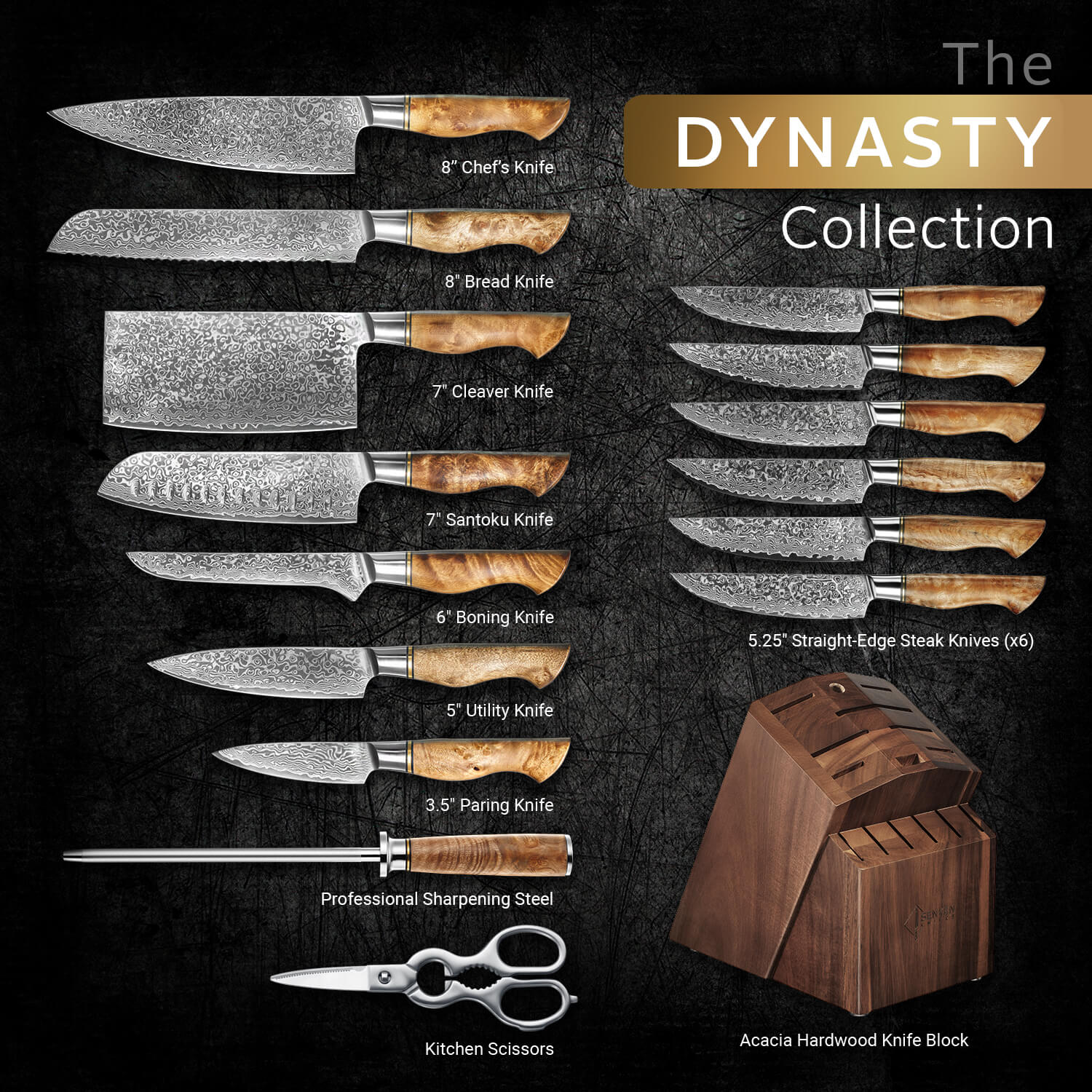 Dynasty 16-Piece Japanese VG10 Damascus Knife Block Set — with Sycamor