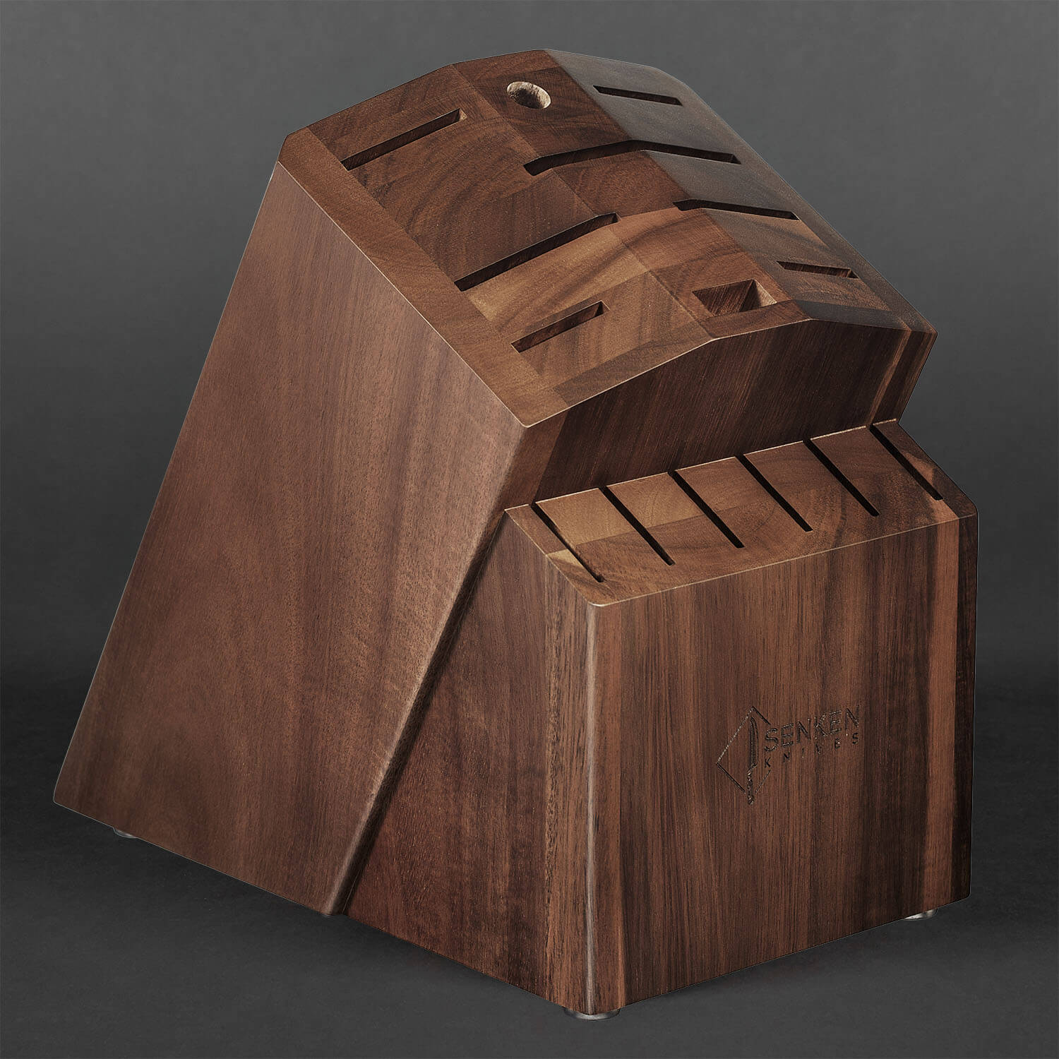 Natural hardwood acacia knife block with multiple slots for knives, featuring a sleek modern design.