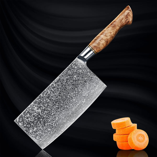 Dynasty Damascus Cleaver Knife Japanese VG10 Steel Sycamore Wood Handle Senken Knives Main Image on Black