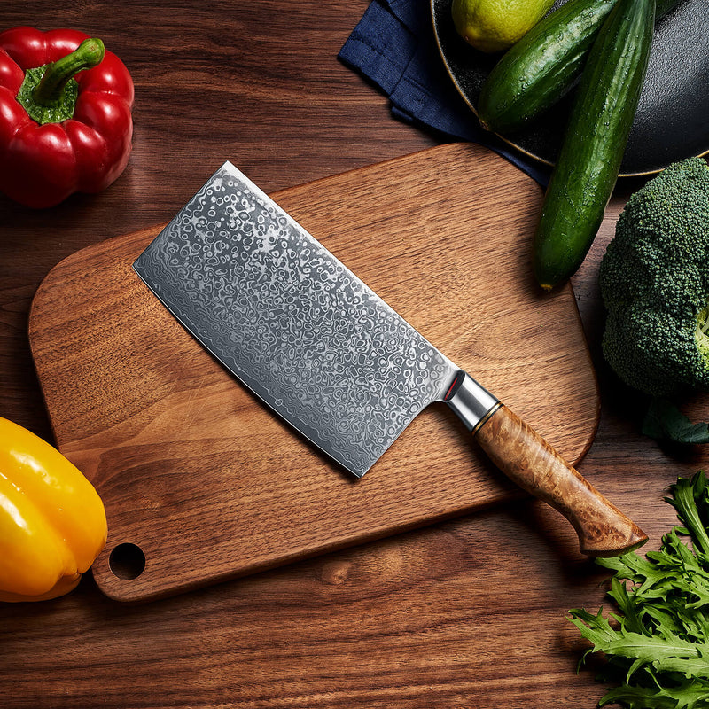 Dynasty Damascus Cleaver Knife Japanese VG10 Steel Sycamore Wood Handle Senken Knives Kitchen Lifestyle