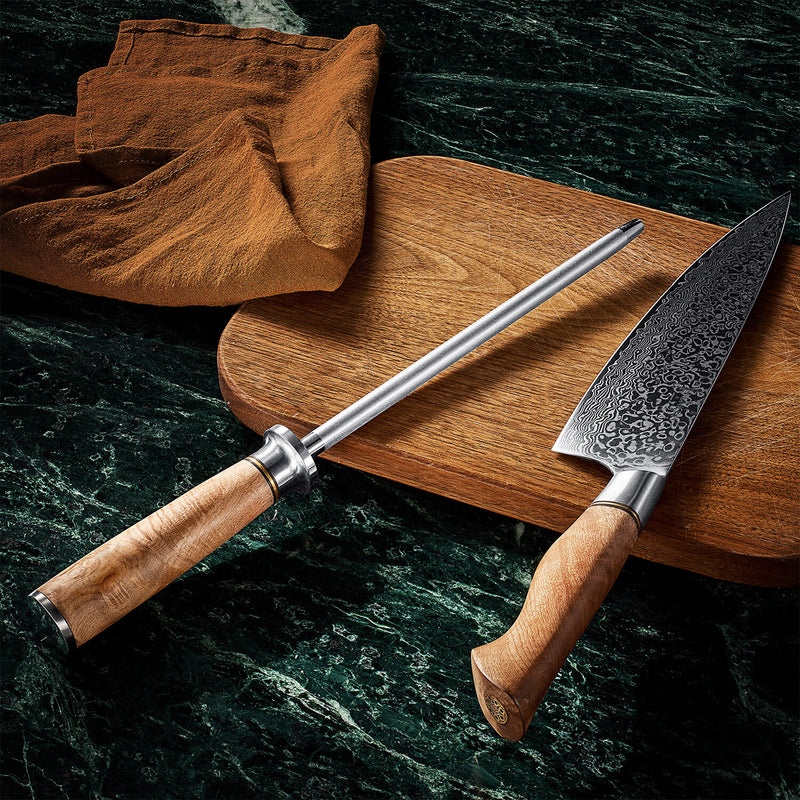 Dynasty Chef Knife and Sharpening Steel on Cutting Board