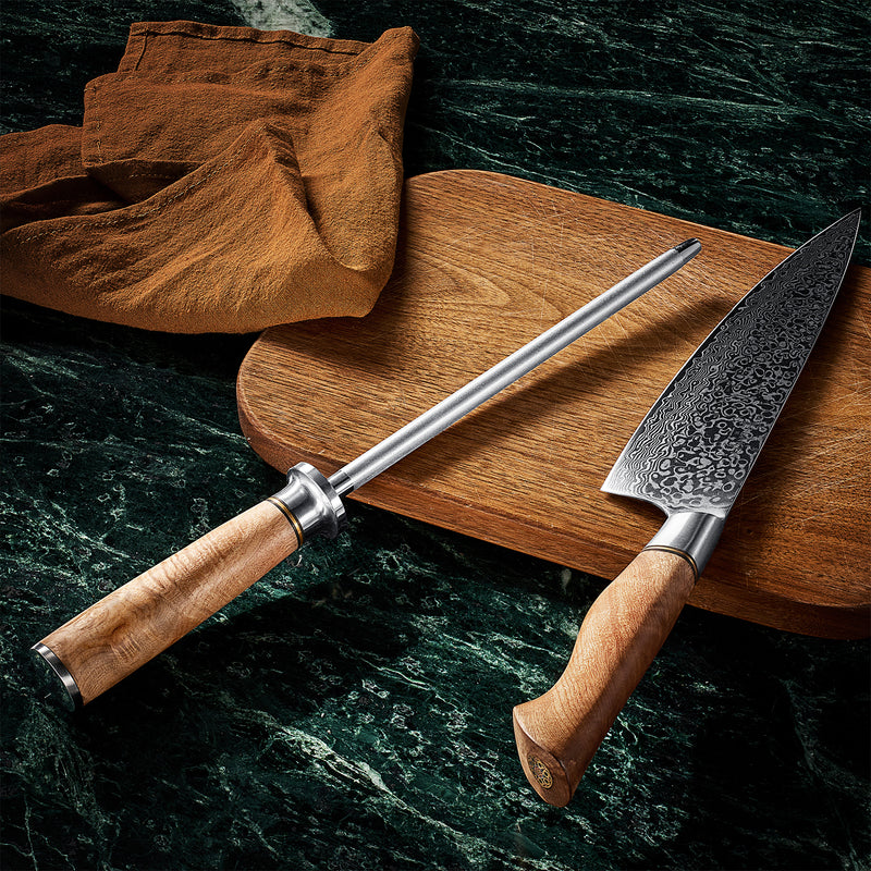 Diamond Sharpening Steel with Damascus Chef Knife On Cutting Board