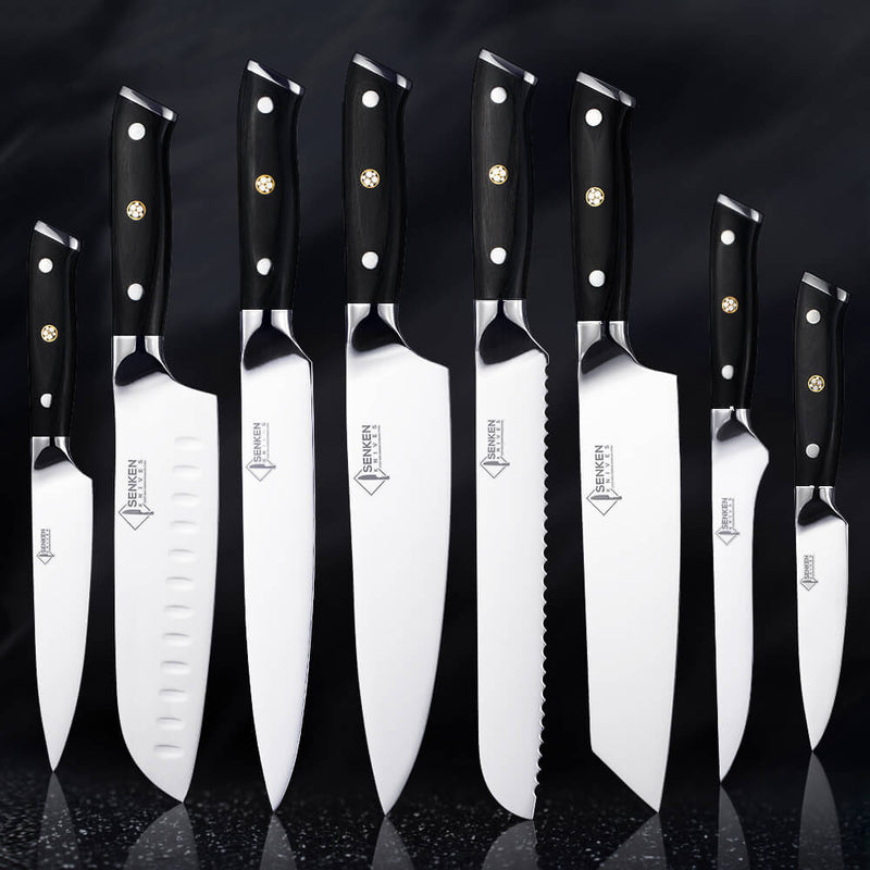 8 Piece Japanese Knife Set Emperor Collection Satin Blades Triple Riveted Black Wood Handles